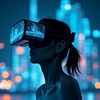 VRヘッドセットを装着した人物と仮想空間のビジュアル